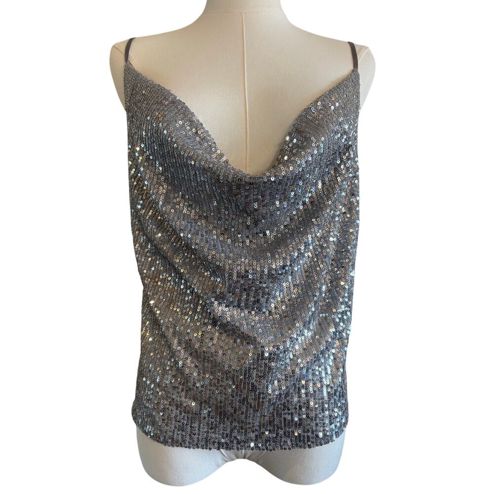 ZARA Silver Sequin Cowl Neck Tank Top Blouse Camisole | Sparkle Holiday | MEDIUM